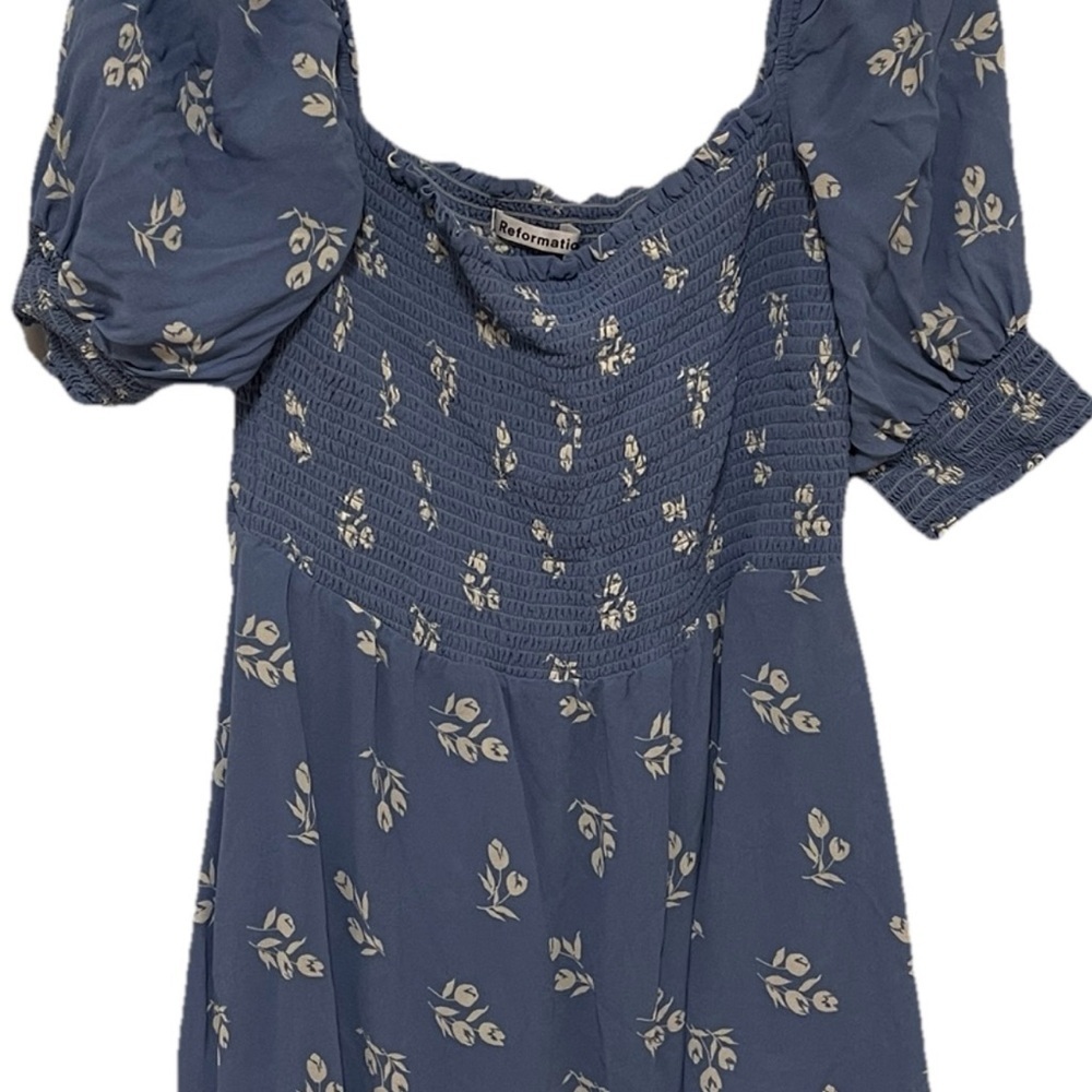 Reformation Blue Floral Smocked Top Puff Sleeve Cottagecore Fairy Prairie Sz 12 - Picture 4 of 9